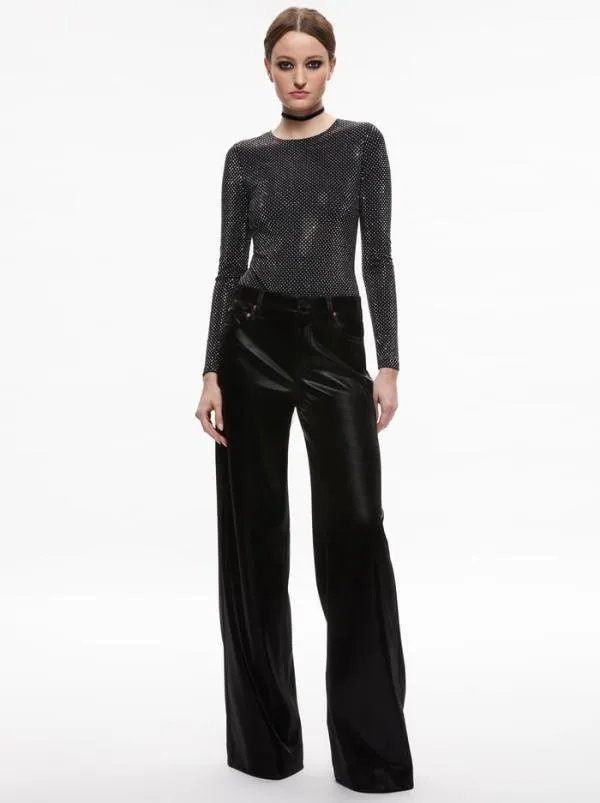 Tops Women Alice Olivia TAEYN EMBELLISHED CREW NECK BODYSUIT Blacksilver