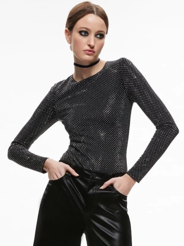 Tops Women Alice Olivia TAEYN EMBELLISHED CREW NECK BODYSUIT Blacksilver
