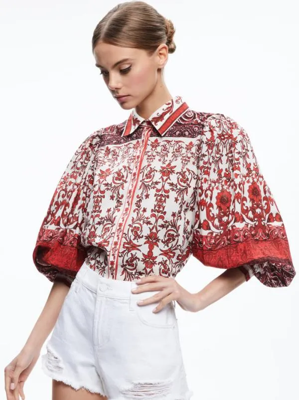 Tops Women Alice Olivia TIFFIE COLLARED PUFF SLEEVE BLOUSE Fatal Attraction Off White