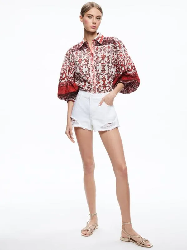 Tops Women Alice Olivia TIFFIE COLLARED PUFF SLEEVE BLOUSE Fatal Attraction Off White