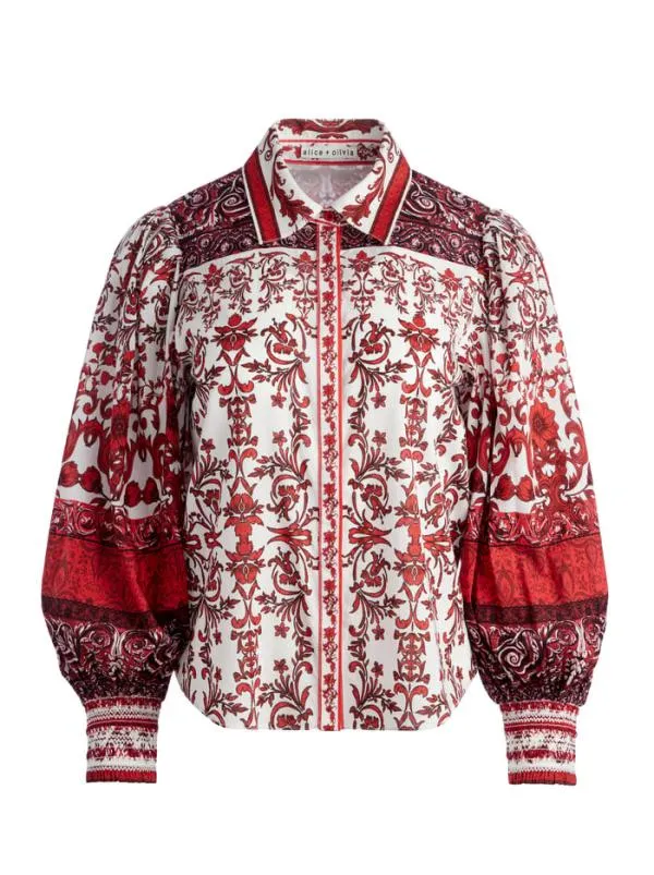 Tops Women Alice Olivia TIFFIE COLLARED PUFF SLEEVE BLOUSE Fatal Attraction Off White