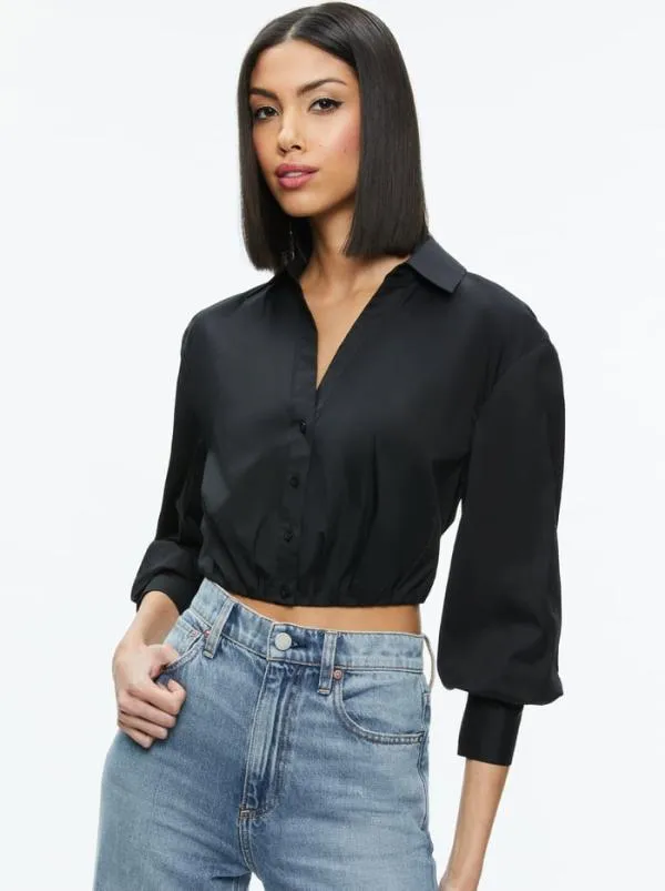 Tops Women Alice Olivia TRUDY CROPPED BUTTON DOWN Black