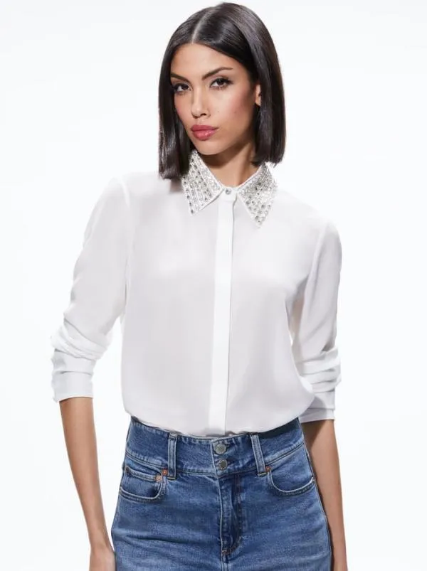 Tops Women Alice Olivia WILLA EMBELLISHED COLLAR TOP Off White