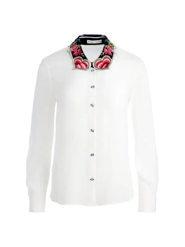 Tops Women Alice Olivia WILLA EMBROIDERED COLLAR PLACKET TOP Ecru