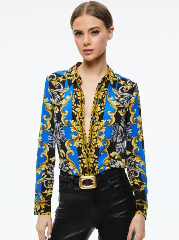 Tops Women Alice Olivia WILLA PLACKET TOP Regal Romance Sapphire