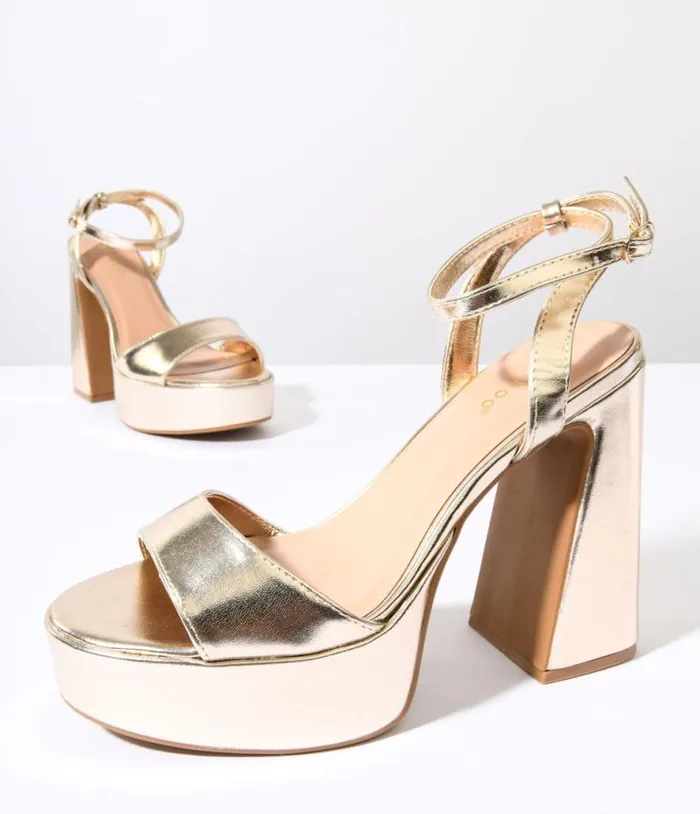 Vegas Gold Leatherette Platform Heels Shoes Unique Vintage Heels