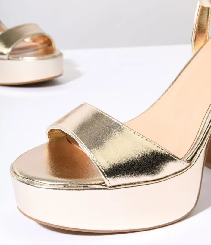 Vegas Gold Leatherette Platform Heels Shoes Unique Vintage Heels