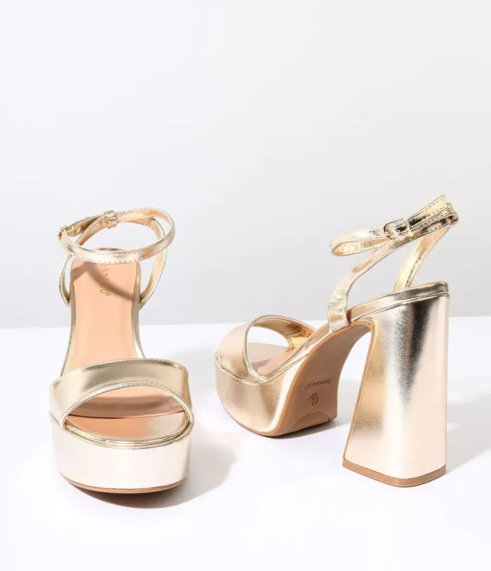 Vegas Gold Leatherette Platform Heels Shoes Unique Vintage Heels