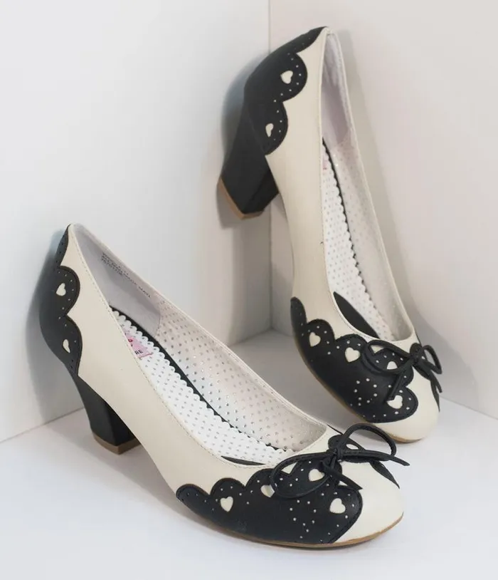 Vintage Style Black and Cream Cutout Leatherette Wiggle Pumps Shoes Unique Vintage Heels Vintage Style Black and Cream Cutout Leatherette Wiggle Pumps Shoes Unique Vintage Heels