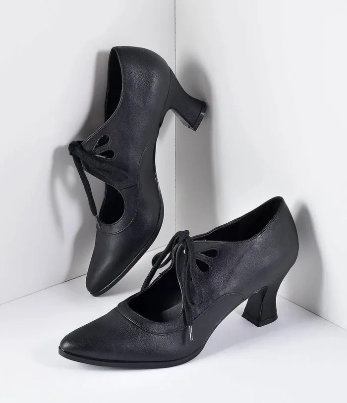 Vintage Style Black Leatherette Bow Tie Pointed Toe Heels Shoes Unique Vintage Heels