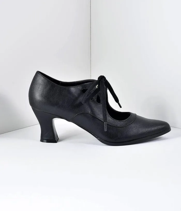 Vintage Style Black Leatherette Bow Tie Pointed Toe Heels Shoes Unique Vintage Heels