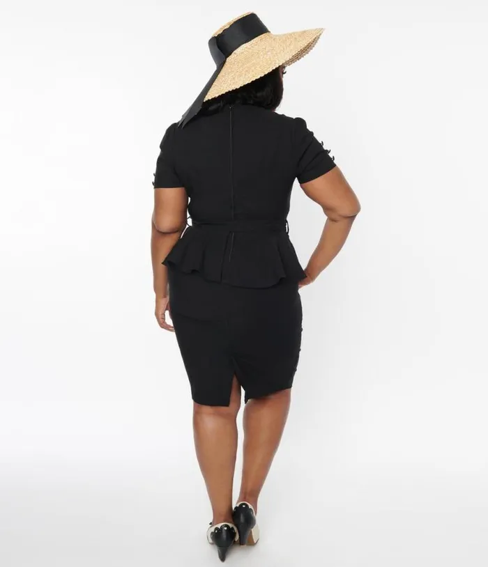 Voodoo Vixen 1940s Black Peplum Pencil Dress DressesPlus Unique Vintage Pencil
