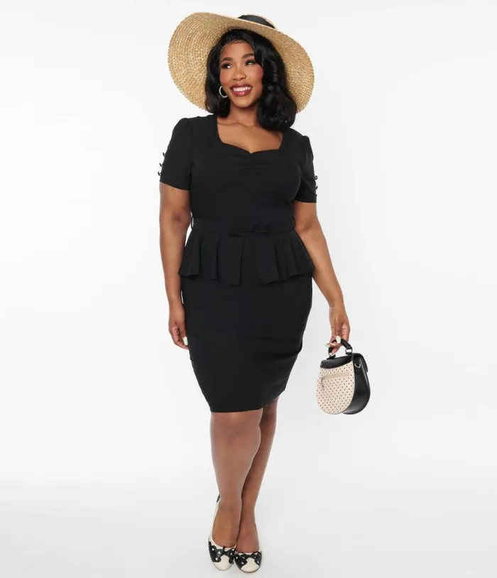 Voodoo Vixen 1940s Black Peplum Pencil Dress DressesPlus Unique Vintage Pencil
