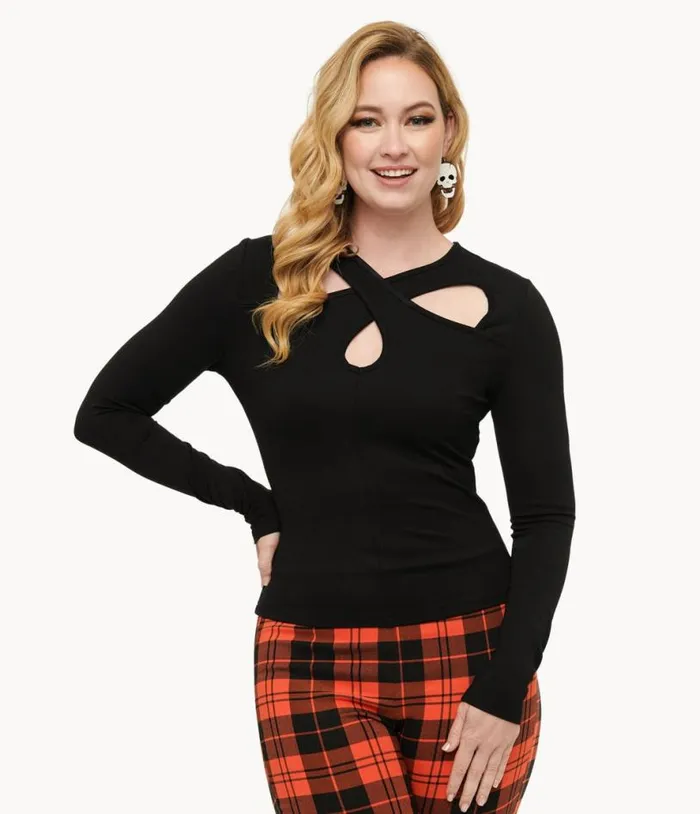 Voodoo Vixen 1950s Black Criss Cross Keyhole Top Clothing Unique Vintage Blouses