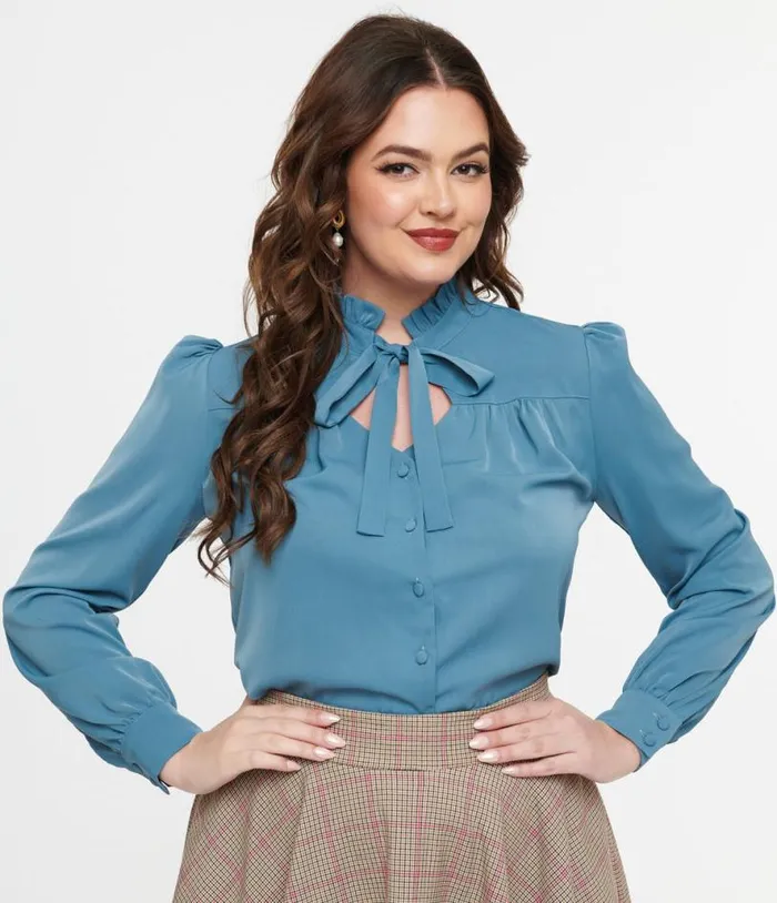 Voodoo Vixen 1950s Blue Keyhole Tie Neck Blouse ClothingPlus Unique Vintage Blouses Voodoo Vixen 1950s Blue Keyhole Tie Neck Blouse ClothingPlus Unique Vintage Blouses
