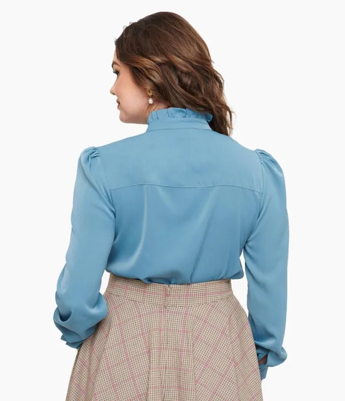 Voodoo Vixen 1950s Blue Keyhole Tie Neck Blouse ClothingPlus Unique Vintage Blouses