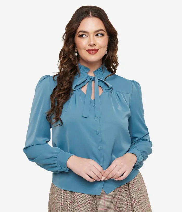 Voodoo Vixen 1950s Blue Keyhole Tie Neck Blouse ClothingPlus Unique Vintage Blouses