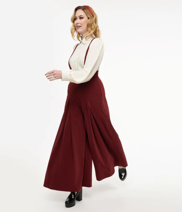 Voodoo Vixen 1950s Burgundy High Waist Suspender Pants ClothingPlus Unique Vintage Pants