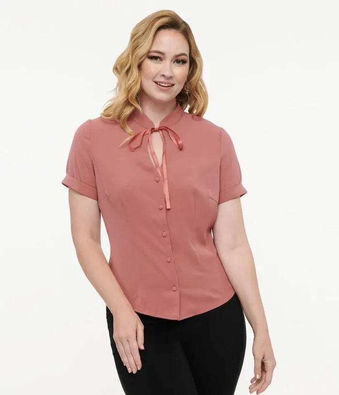 Voodoo Vixen 1950s Dusty Rose Keyhole Blouse ClothingPlus Unique Vintage Blouses