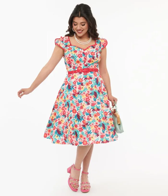 Voodoo Vixen 1950s Multicolor Floral Cat Print Fit and Flare Dress Dresses Unique Vintage Pocket Dresses Voodoo Vixen 1950s Multicolor Floral Cat Print Fit and Flare Dress Dresses Unique Vintage Pocket Dresses