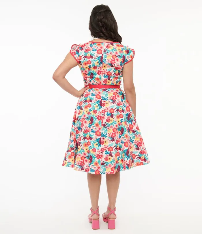 Voodoo Vixen 1950s Multicolor Floral Cat Print Fit and Flare Dress Dresses Unique Vintage Pocket Dresses