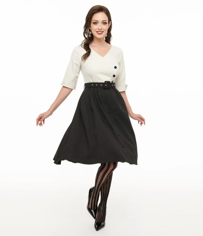 Voodoo Vixen 1950s White and Black Button Swing Dress DressesPlus Unique Vintage Pocket Dresses