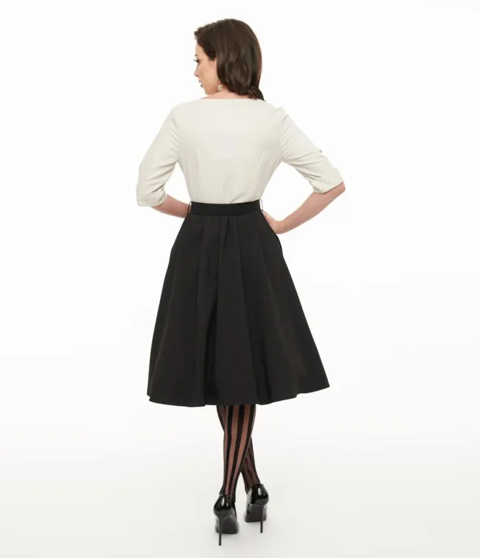 Voodoo Vixen 1950s White and Black Button Swing Dress DressesPlus Unique Vintage Pocket Dresses