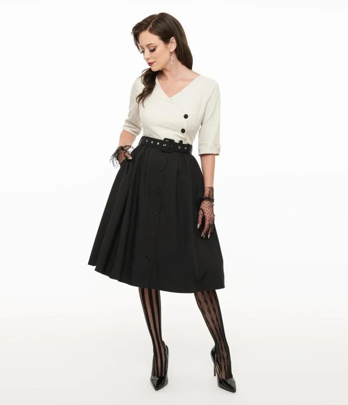 Voodoo Vixen 1950s White and Black Button Swing Dress DressesPlus Unique Vintage Pocket Dresses