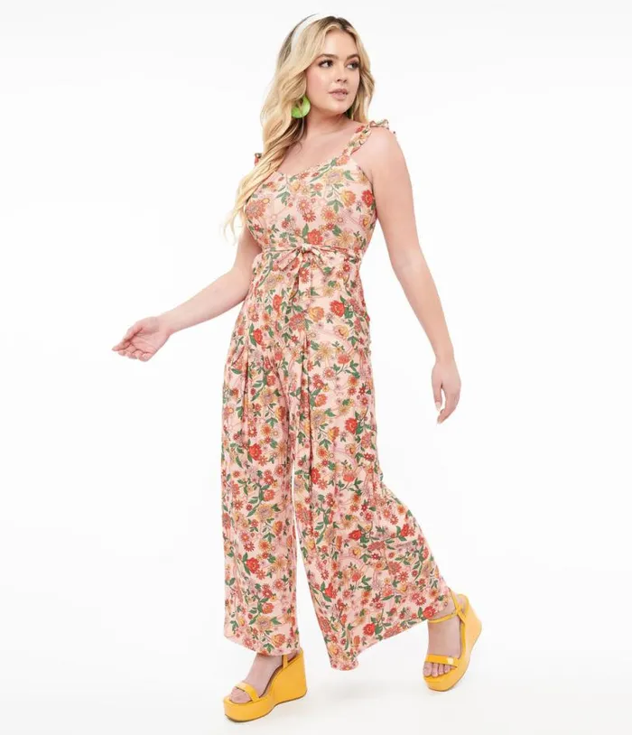 Voodoo Vixen 1970s Pink Rainbow Floral Print Jumpsuit ClothingPlus Unique Vintage Rompers and Jumpsuits Voodoo Vixen 1970s Pink Rainbow Floral Print Jumpsuit ClothingPlus Unique Vintage Rompers and Jumpsuits