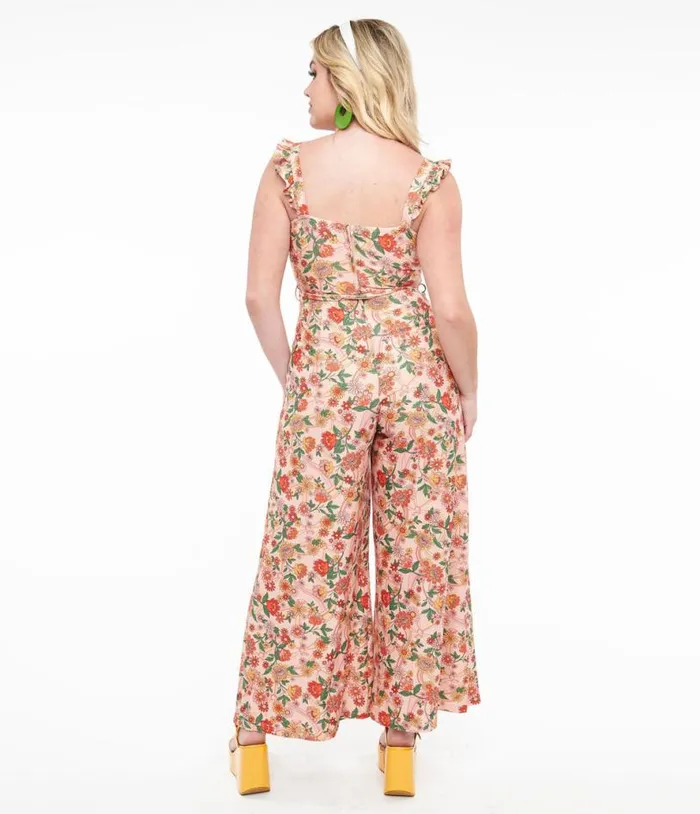 Voodoo Vixen 1970s Pink Rainbow Floral Print Jumpsuit ClothingPlus Unique Vintage Rompers and Jumpsuits