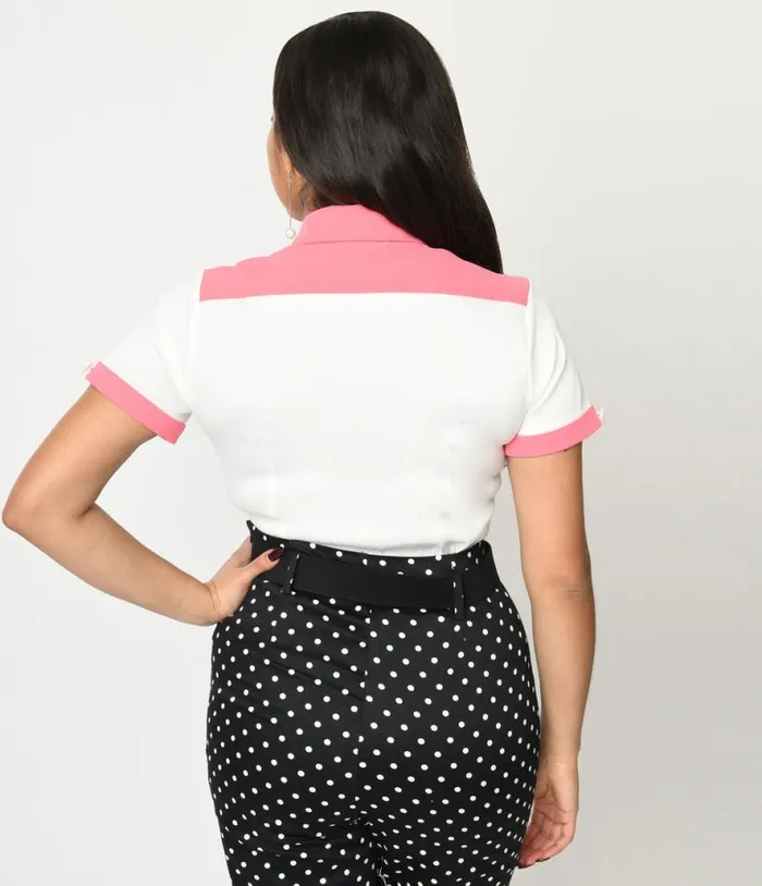Voodoo Vixen 1970s White and Pink Heart Yoke Button Up Top Clothing Unique Vintage Blouses