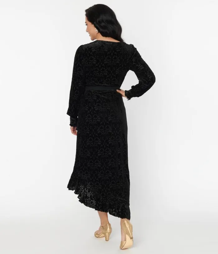 Voodoo Vixen Black Devore Gayle Wrap Dress DressesHalloween Unique Vintage Dresses