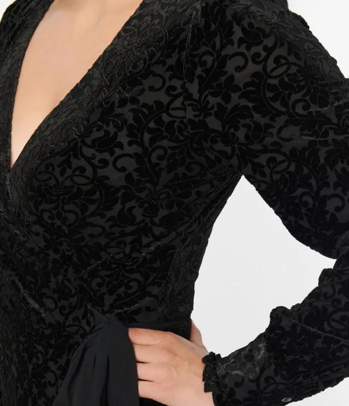 Voodoo Vixen Black Devore Gayle Wrap Dress DressesHalloween Unique Vintage Dresses