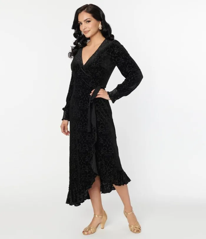 Voodoo Vixen Black Devore Gayle Wrap Dress DressesHalloween Unique Vintage Dresses