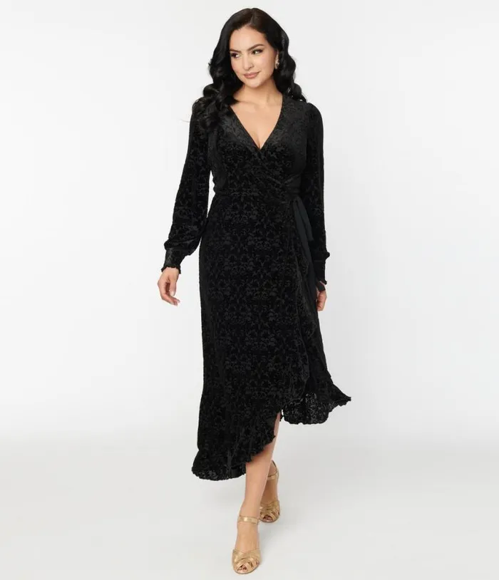 Voodoo Vixen Black Devore Gayle Wrap Dress DressesHalloween Unique Vintage Dresses