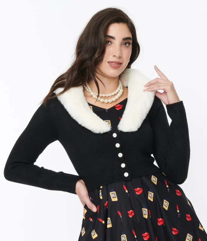 Voodoo Vixen Black Faux Fur Collar Cropped Cardigan ClothingPlus Unique Vintage Jackets Voodoo Vixen Black Faux Fur Collar Cropped Cardigan ClothingPlus Unique Vintage Jackets