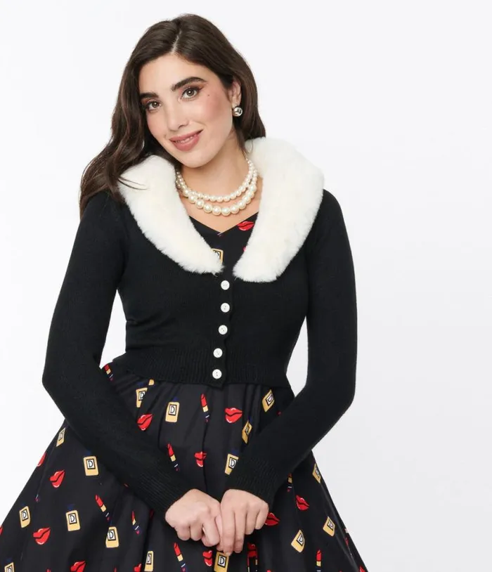 Voodoo Vixen Black Faux Fur Collar Cropped Cardigan ClothingPlus Unique Vintage Jackets