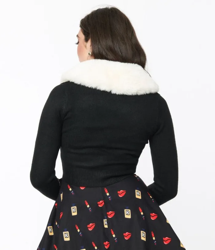 Voodoo Vixen Black Faux Fur Collar Cropped Cardigan ClothingPlus Unique Vintage Jackets