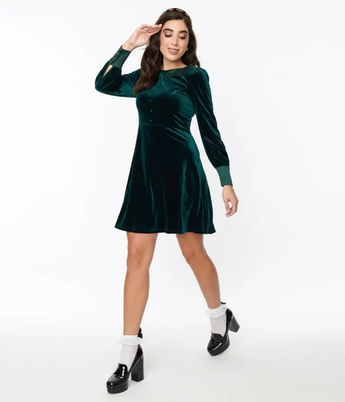 Voodoo Vixen Emerald Green Velvet Satin Fit and Flare Dress DressesPlus Unique Vintage Fit and Flare