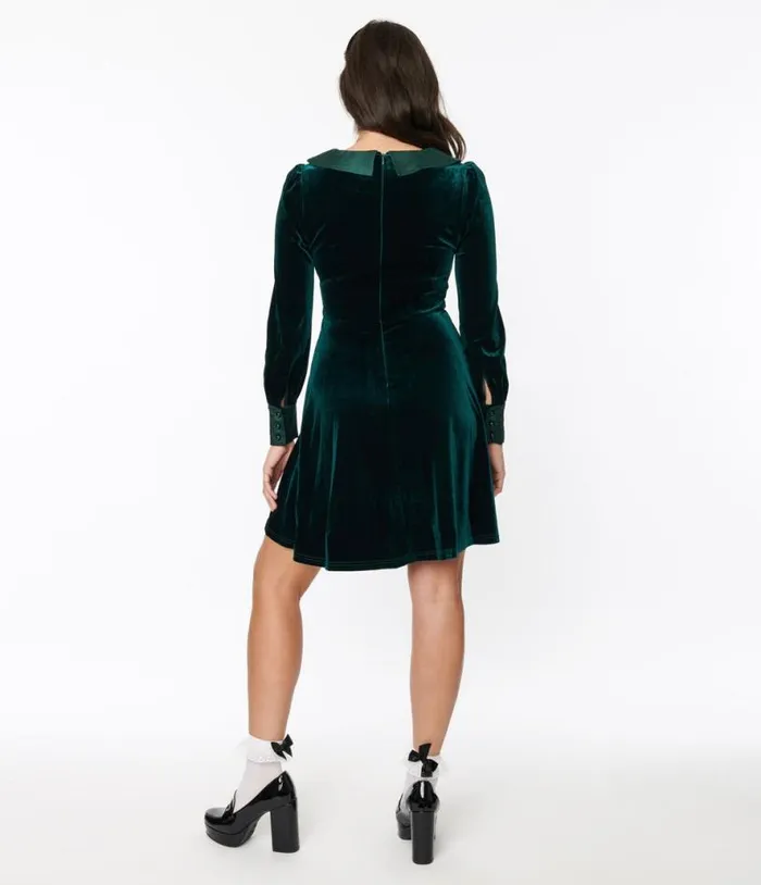 Voodoo Vixen Emerald Green Velvet Satin Fit and Flare Dress DressesPlus Unique Vintage Fit and Flare