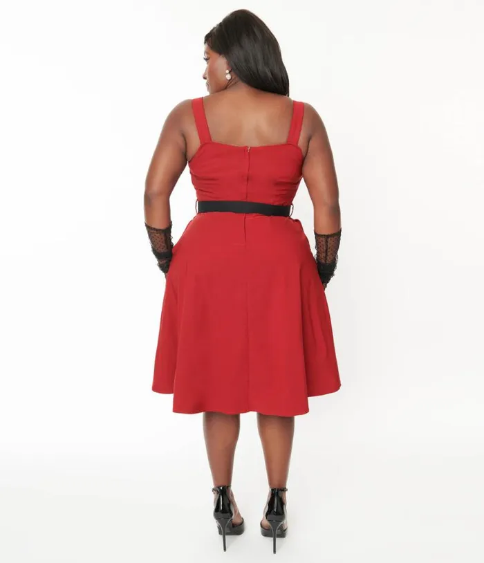 Voodoo Vixen Red and Black Heart Buckle Flare Dress Dresses Unique Vintage Pocket Dresses