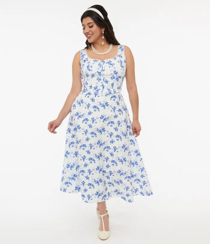White and Blue Floral Cotton Midi Dress Dresses Unique Vintage Pocket Dresses