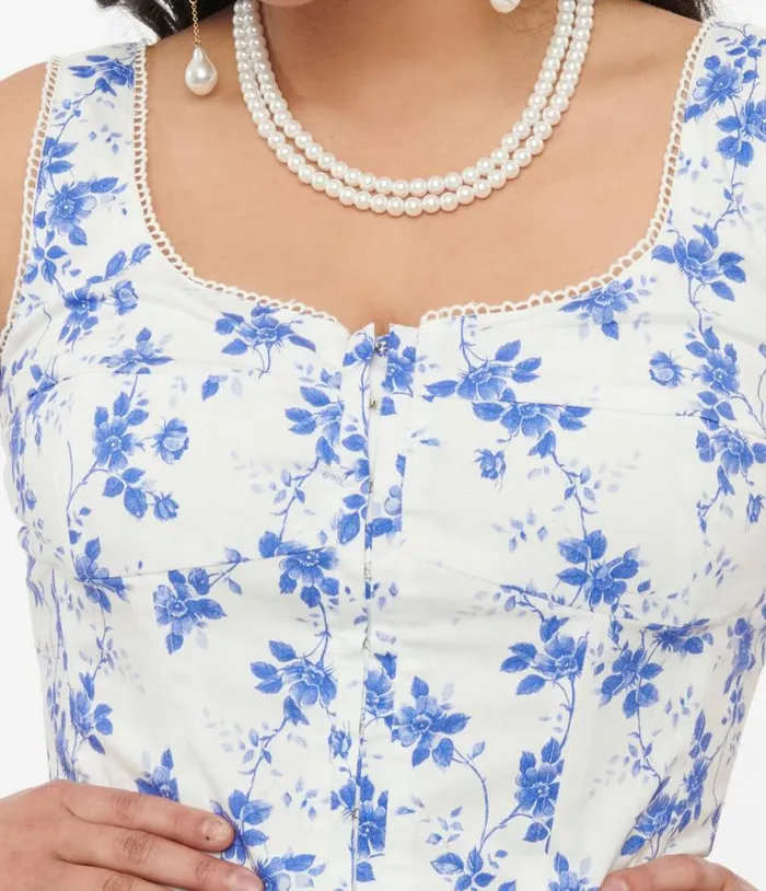 White and Blue Floral Cotton Midi Dress Dresses Unique Vintage Pocket Dresses
