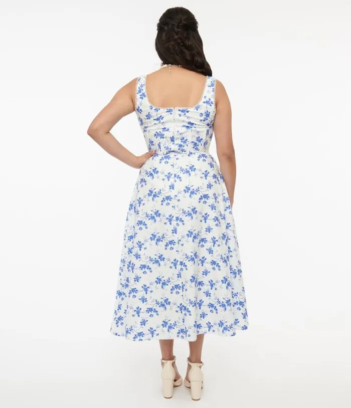 White and Blue Floral Cotton Midi Dress Dresses Unique Vintage Pocket Dresses
