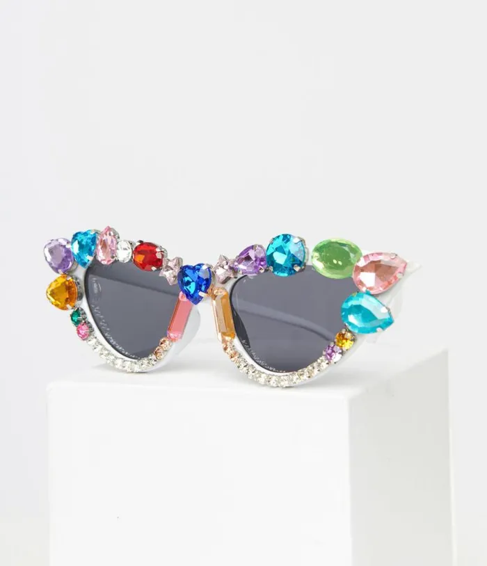White and Rainbow Gemstone Cat Eye Sunglasses Accessories Unique Vintage Sunglasses