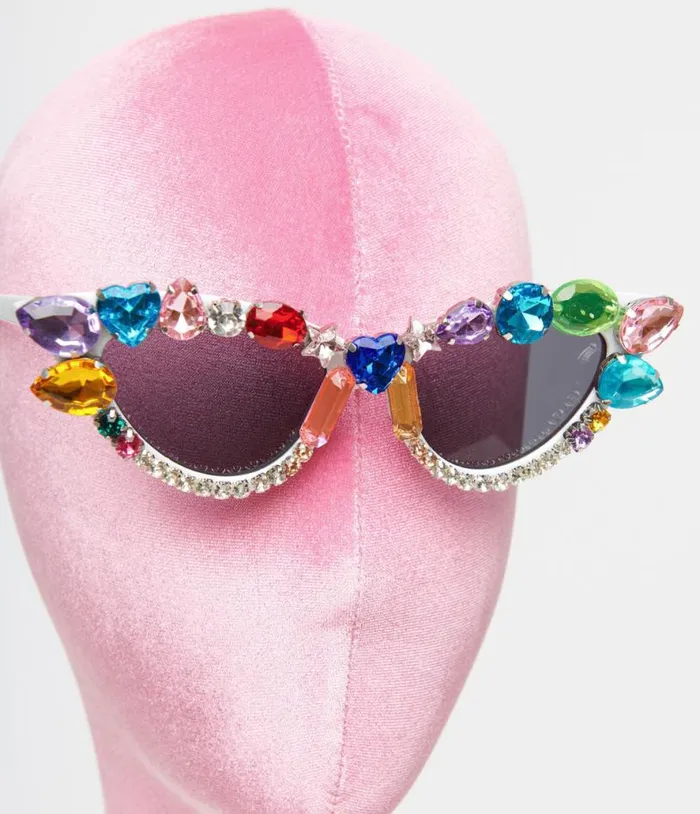 White and Rainbow Gemstone Cat Eye Sunglasses Accessories Unique Vintage Sunglasses