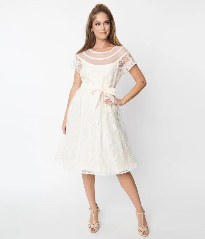 White Burnout Rose Flare Dress Dresses Unique Vintage Fit and Flare