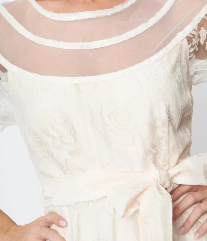 White Burnout Rose Flare Dress Dresses Unique Vintage Fit and Flare
