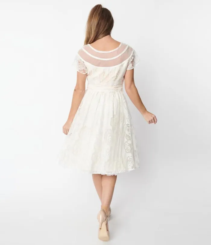 White Burnout Rose Flare Dress Dresses Unique Vintage Fit and Flare