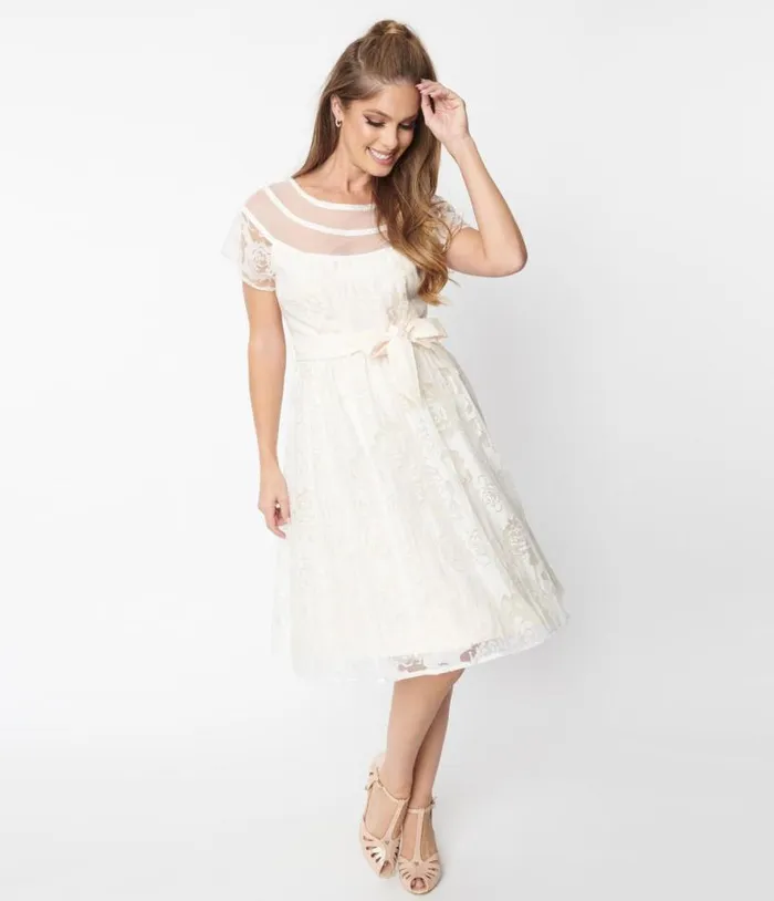 White Burnout Rose Flare Dress Dresses Unique Vintage Fit and Flare